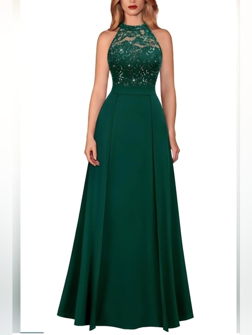 Emerald Green Formal Maxi Dress Size M NWT Lace Sequin Halter - Picture 3 of 4